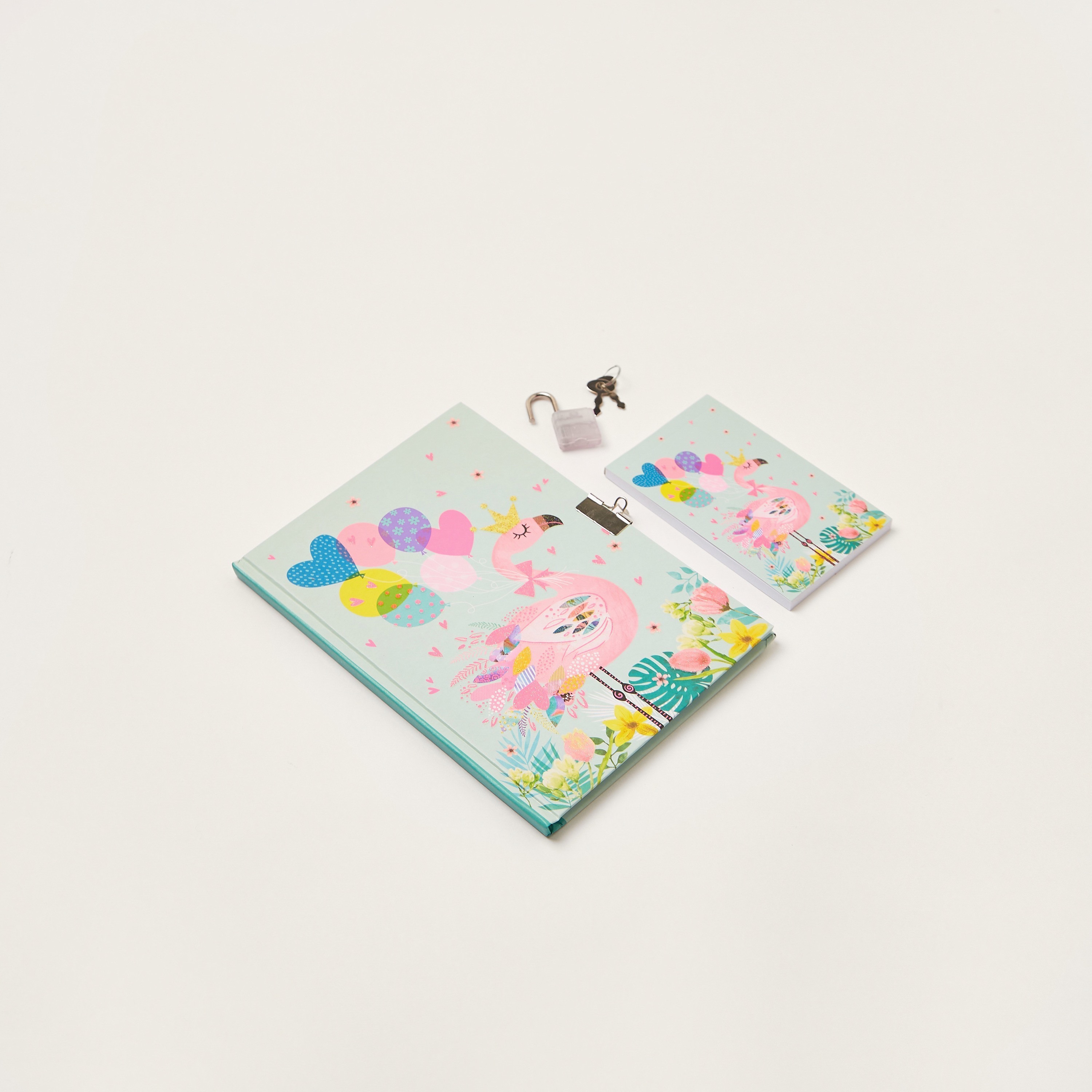 Juniors Flamingo Print 6-Piece Padlock Diary Set-school-stationery-notebooks-image-2