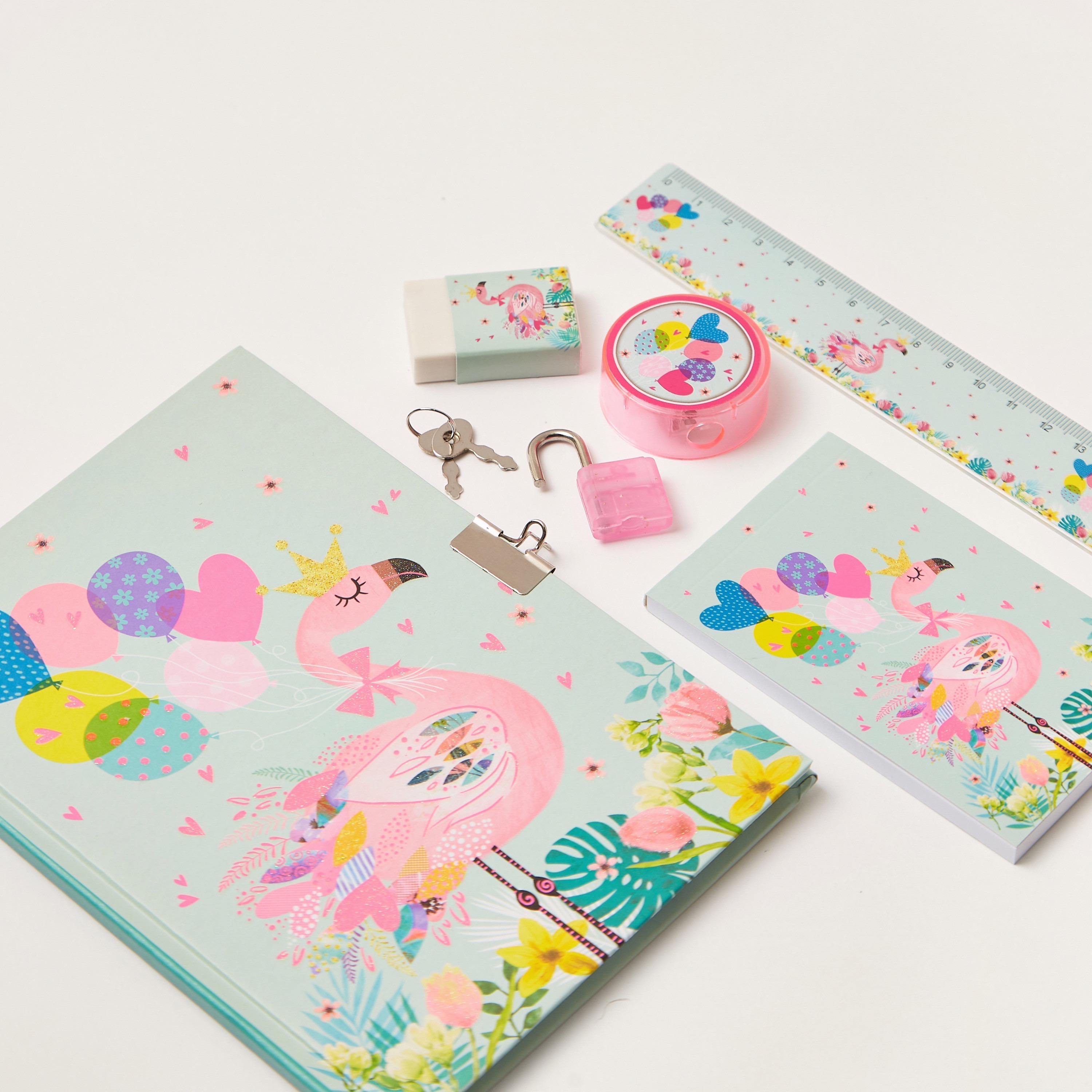 Juniors Flamingo Print 6-Piece Padlock Diary Set-school-stationery-notebooks-image-5