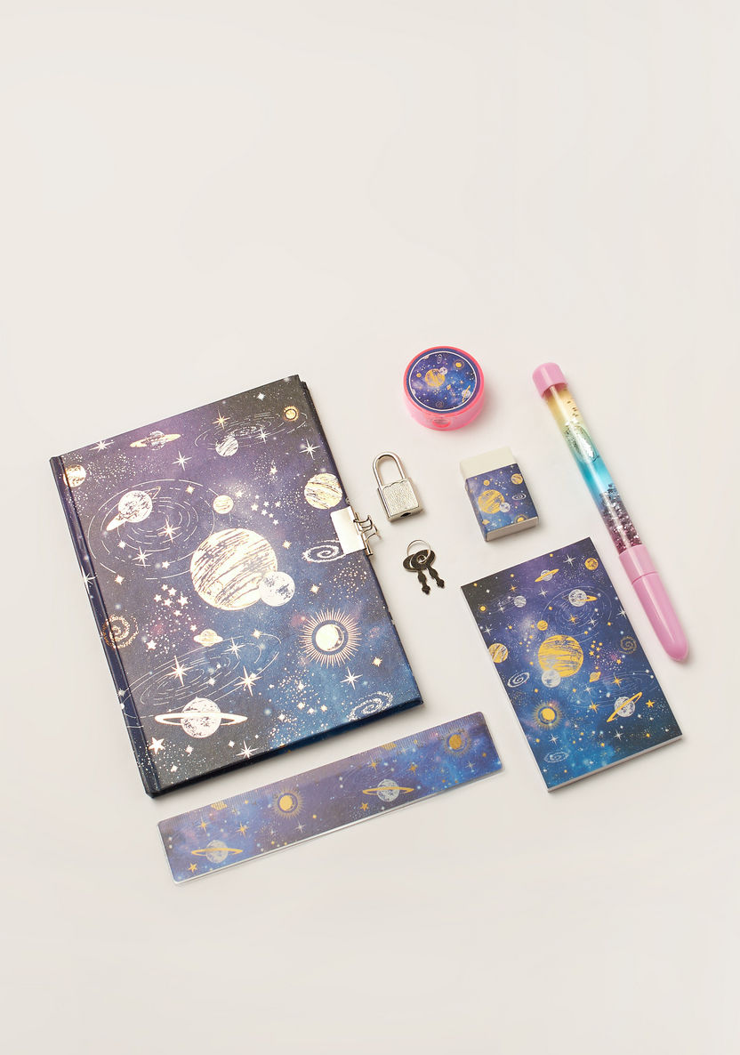 Juniors Galaxy Print 6-Piece Padlock Diary Stationery Set-Notebooks-image-0