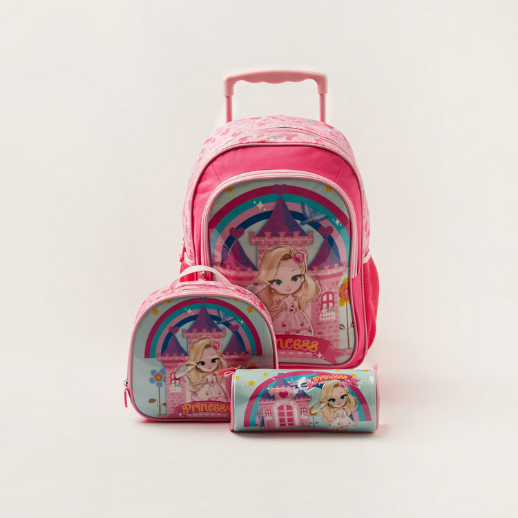 Juniors Princess Print Trolley Backpack with Lunch Bag and Pencil Case