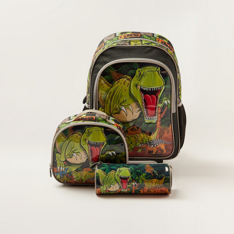 Juniors Dinosaur Print Trolley Backpack with Lunch Bag and Pencil Case