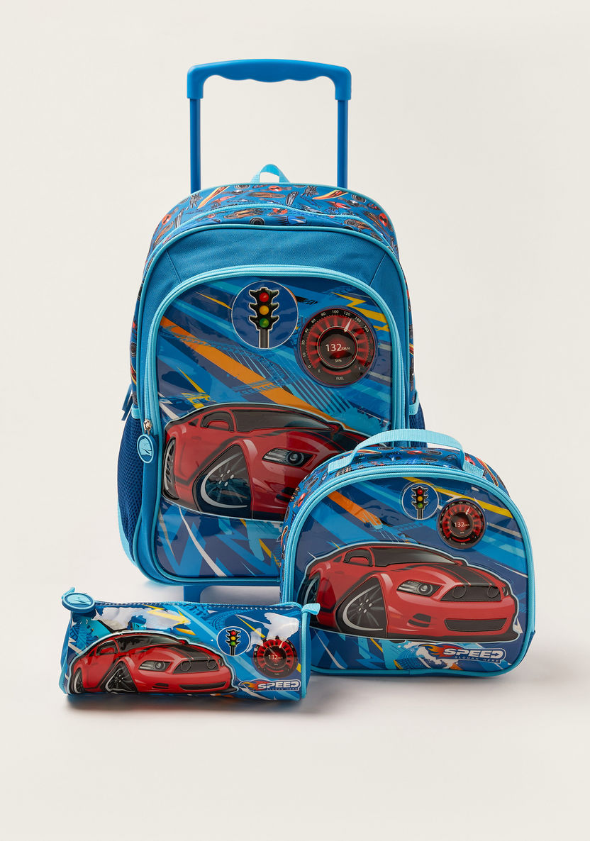 Juniors Car Print 14-inch Trolley Backpack with Lunch Bag and Pencil Pouch-Trolleys-image-0