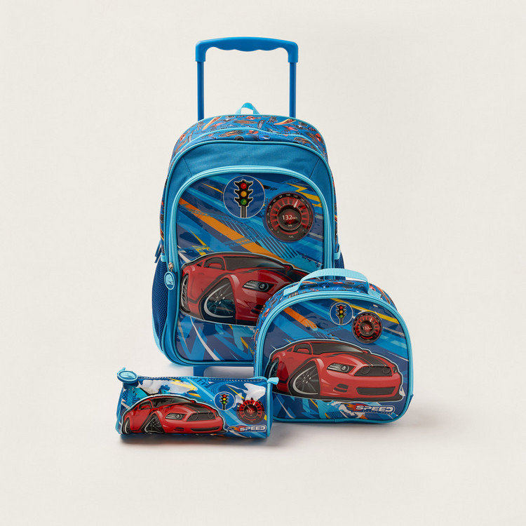 Juniors Car Print 14-inch Trolley Backpack with Lunch Bag and Pencil Pouch