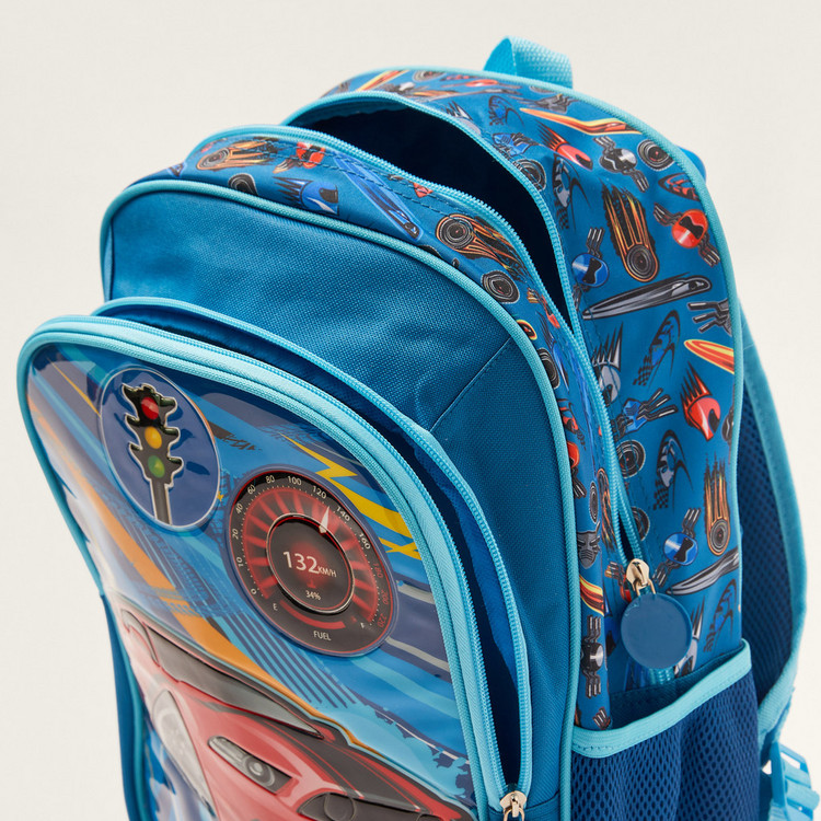 Juniors Car Print 14-inch Trolley Backpack with Lunch Bag and Pencil Pouch