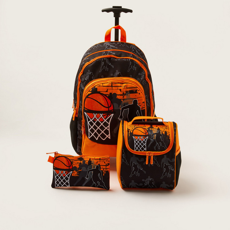 Juniors Basketball Print Trolley Backpack with Lunch Bag and Pencil Pouch - 18 inches