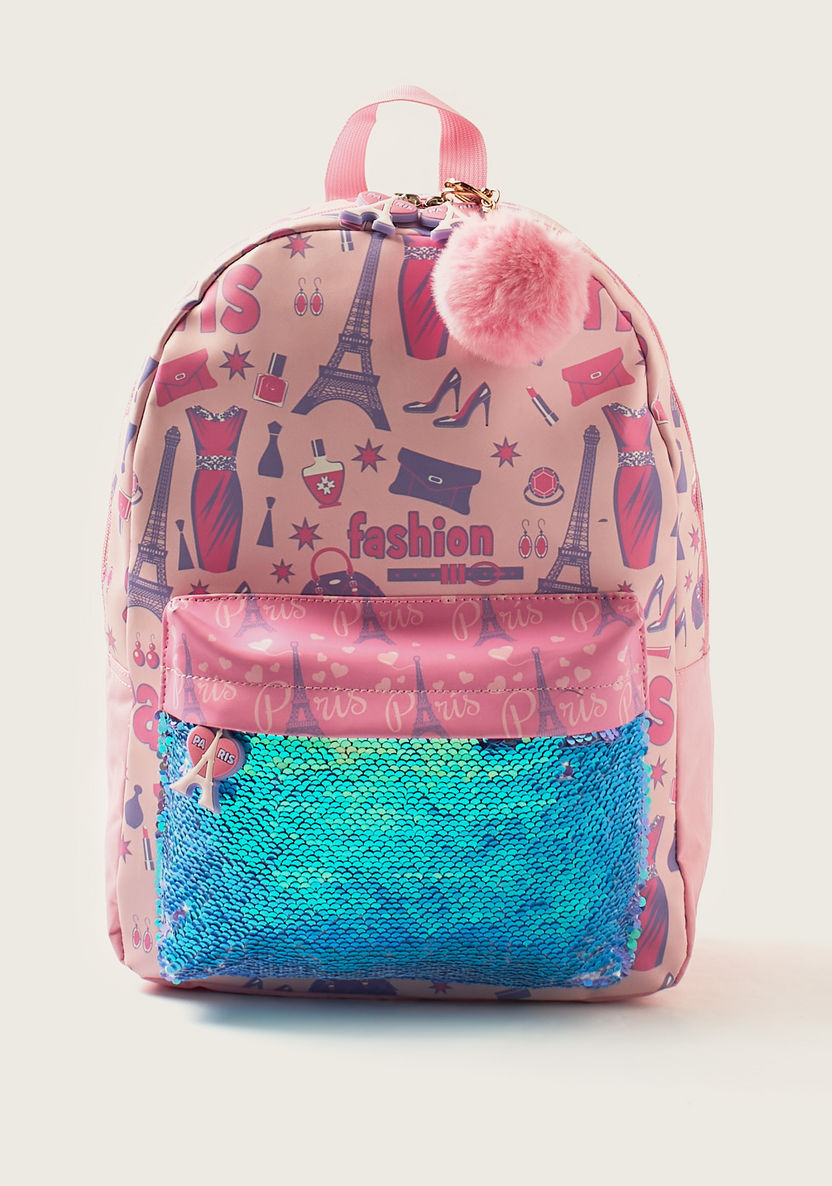 Juniors Sequin Detail 20-inch Backpack with Zip Closure and Keychain-Backpacks-image-0