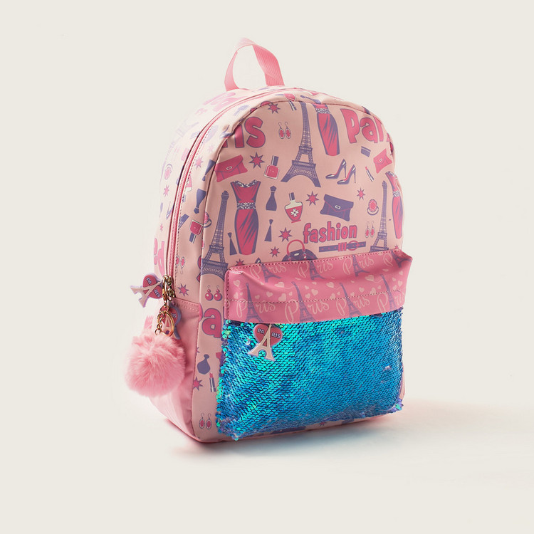 Juniors Sequin Detail 20-inch Backpack with Zip Closure and Keychain