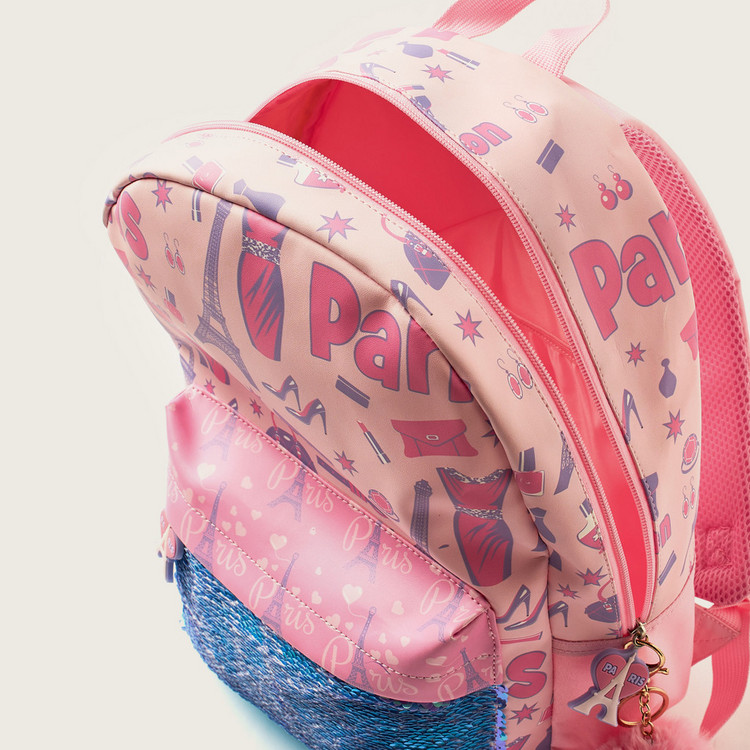 Juniors Sequin Detail 20-inch Backpack with Zip Closure and Keychain