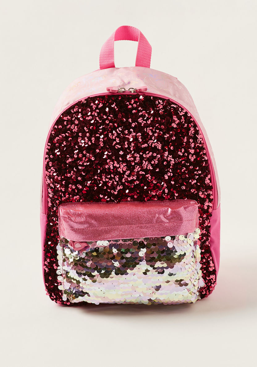 Juniors Sequin Detail 14-inch Backpack with Flamingo Zip Pulls-Backpacks-image-0