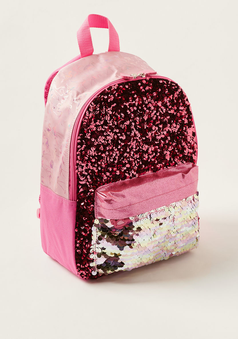 Juniors Sequin Detail 14-inch Backpack with Flamingo Zip Pulls-Backpacks-image-1