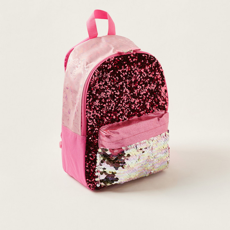 Juniors Sequin Detail 14-inch Backpack with Flamingo Zip Pulls