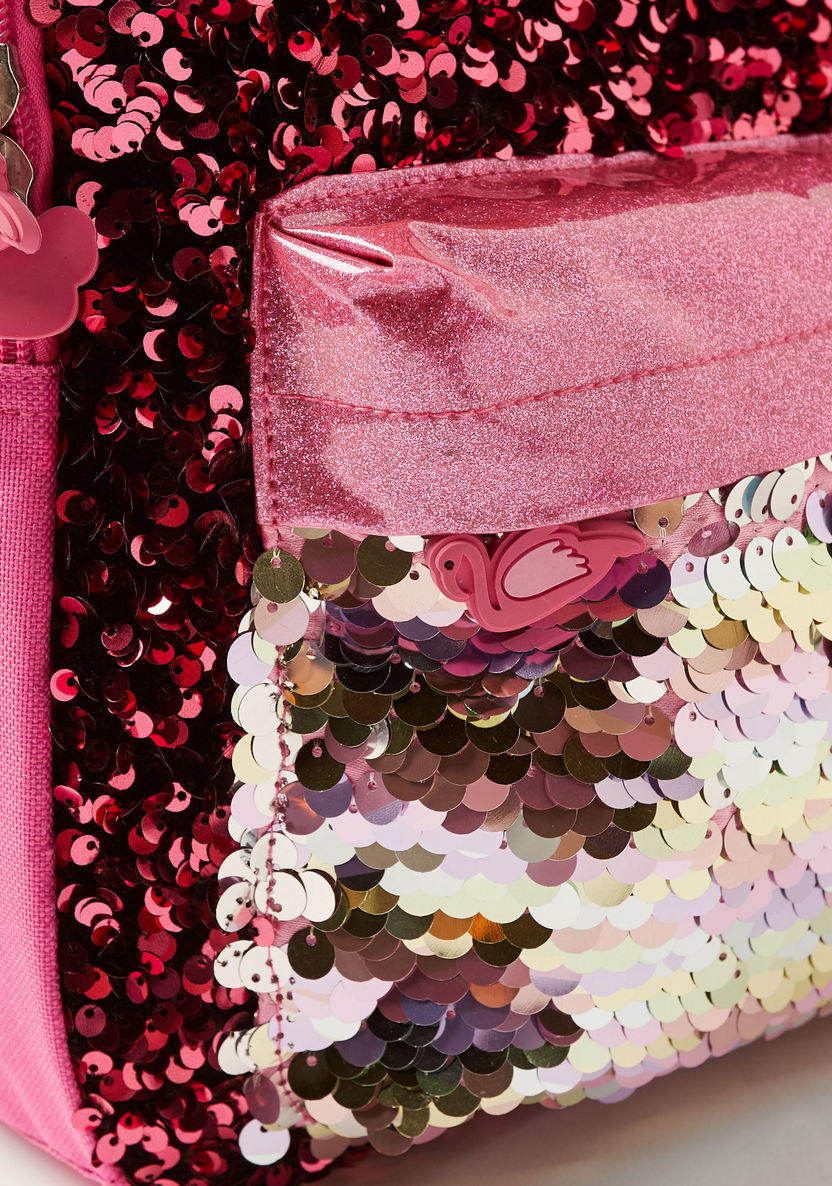 Juniors Sequin Detail 14-inch Backpack with Flamingo Zip Pulls-Backpacks-image-2