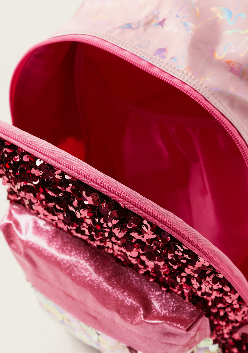 Juniors Sequin Detail 14-inch Backpack with Flamingo Zip Pulls-Backpacks-image-4