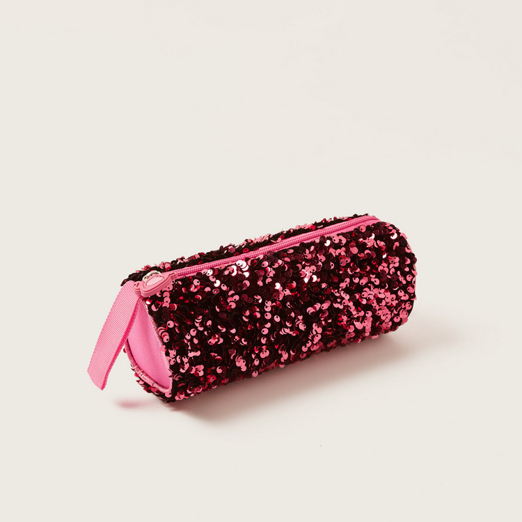 Juniors All-Over Sequin Detail Pencil Pouch with Flamingo Zip Pull
