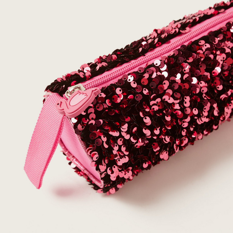 Juniors All-Over Sequin Detail Pencil Pouch with Flamingo Zip Pull
