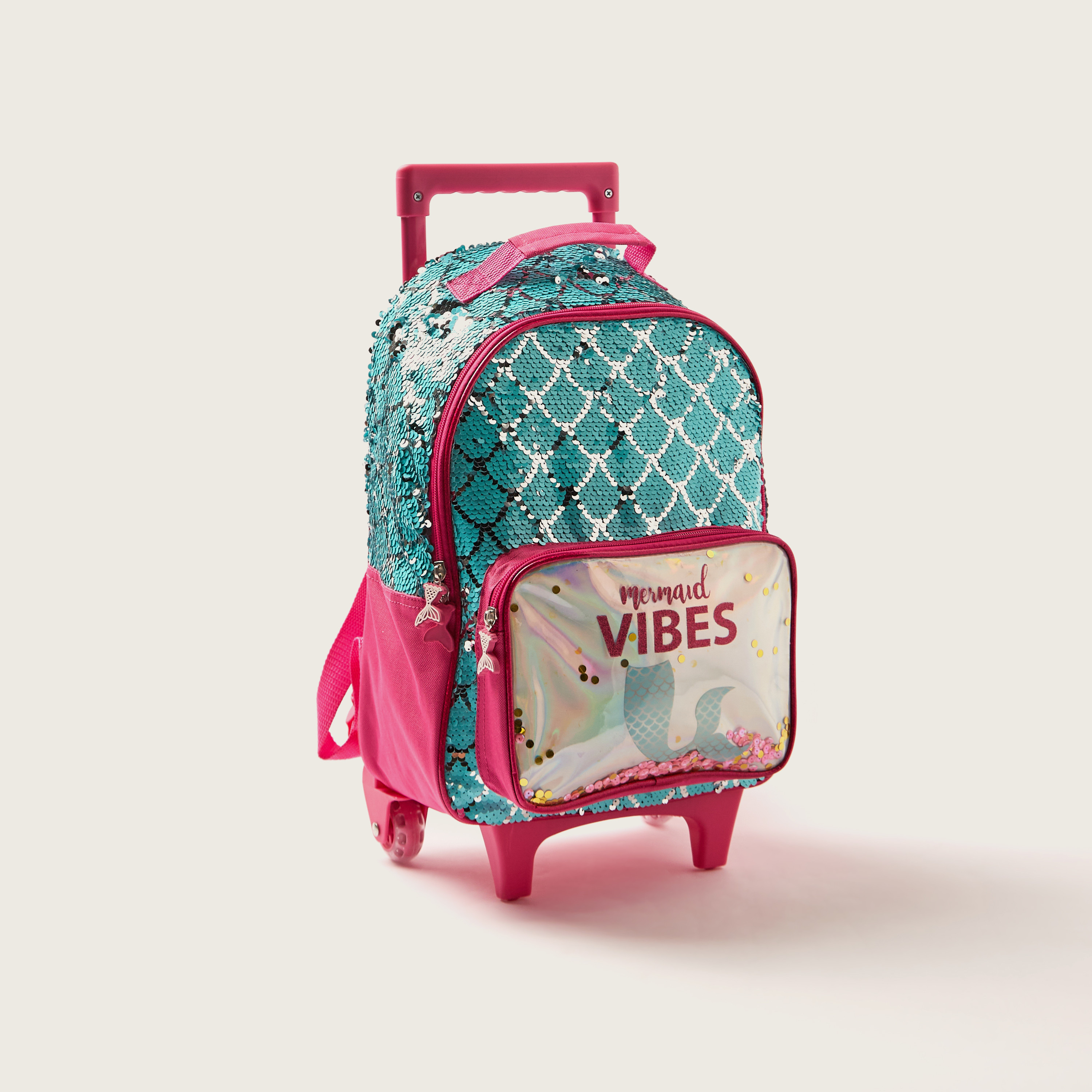 Juniors Mermaid Print Trolley Backpack with Sequin Detailing and Adjustable Straps - 16 inches-school-bagsandbackpacks-trolleybags-image-2