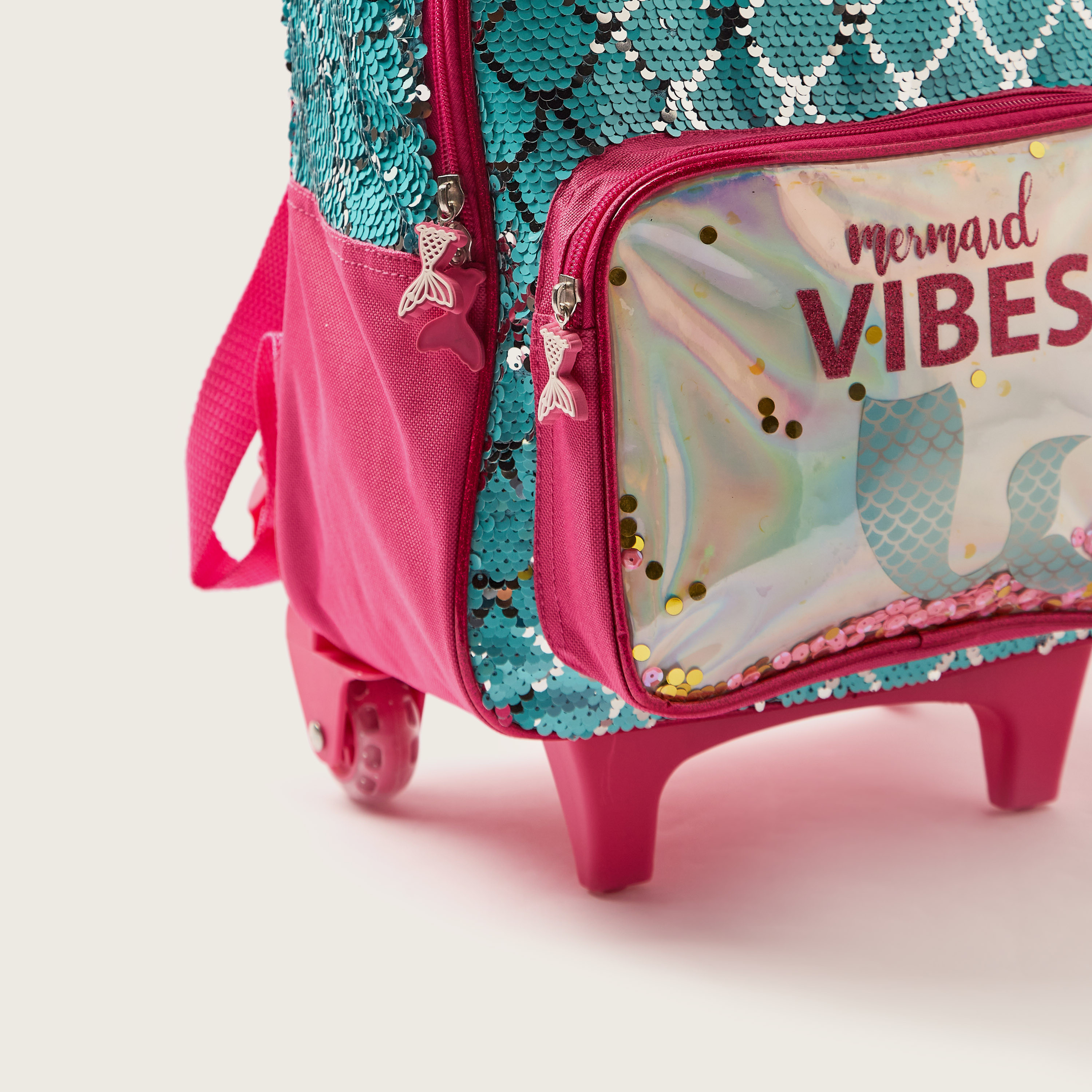 Juniors Mermaid Print Trolley Backpack with Sequin Detailing and Adjustable Straps - 16 inches-school-bagsandbackpacks-trolleybags-image-4