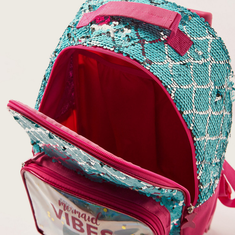 Juniors Mermaid Print Trolley Backpack with Sequin Detailing and Adjustable Straps - 16 inches