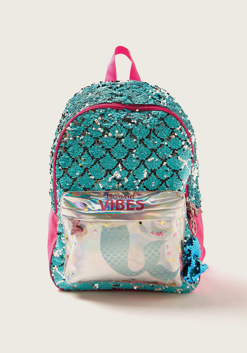 Juniors Mermaid Print 14-inch Backpack with Sequin Detail and Zip Closure-Backpacks-image-0