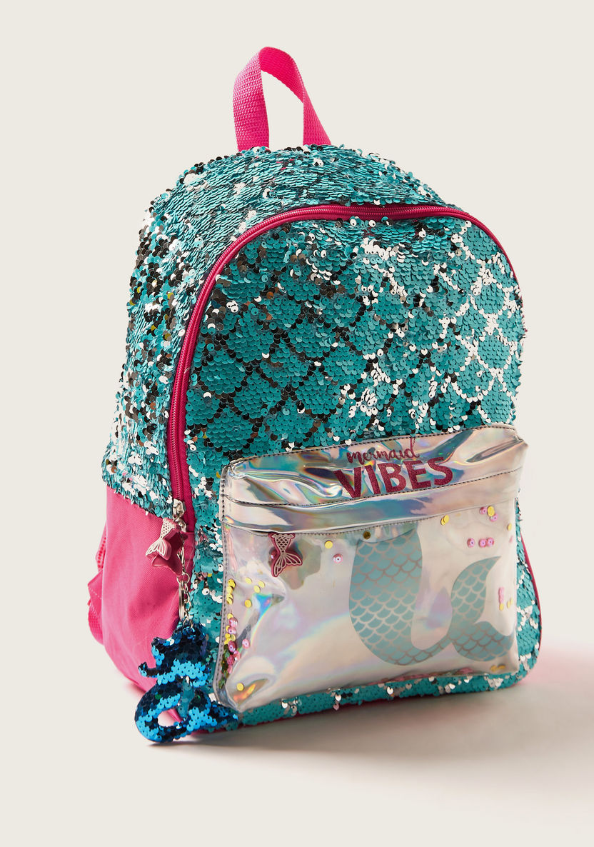 Juniors Mermaid Print 14-inch Backpack with Sequin Detail and Zip Closure-Backpacks-image-1