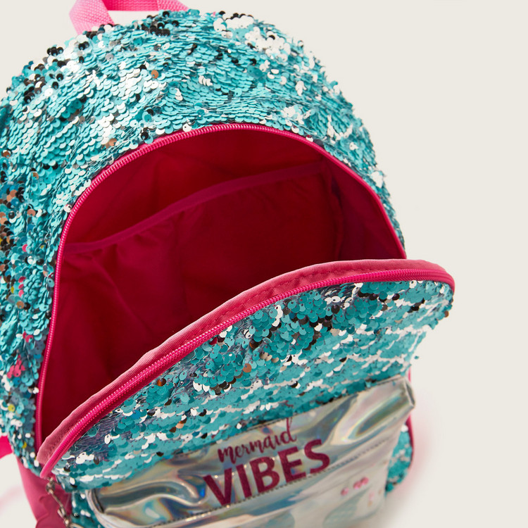 Juniors Mermaid Print 14-inch Backpack with Sequin Detail and Zip Closure