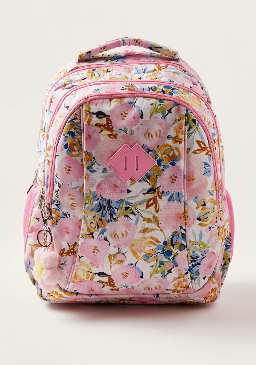 Juniors Floral Print Backpack with Zip Closure and Keychain - 16 inches-Backpacks-image-0