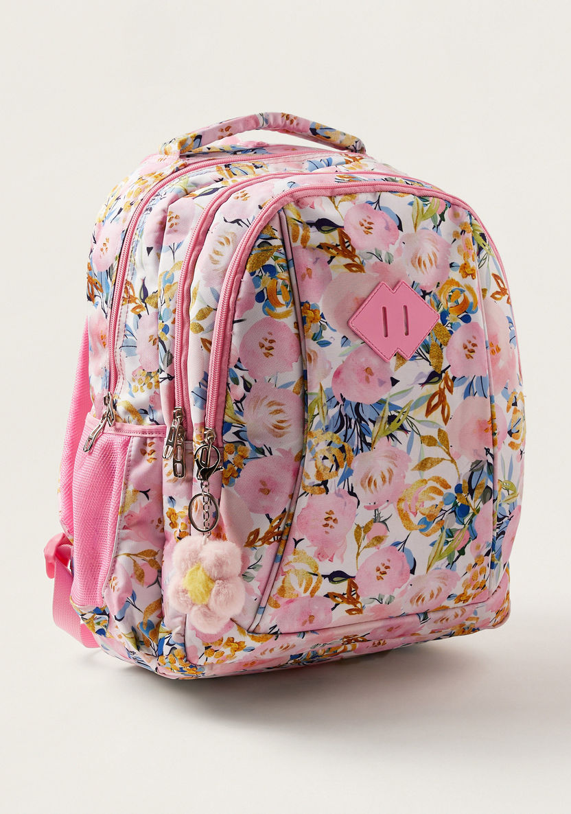 Juniors Floral Print Backpack with Zip Closure and Keychain - 16 inches-Backpacks-image-1