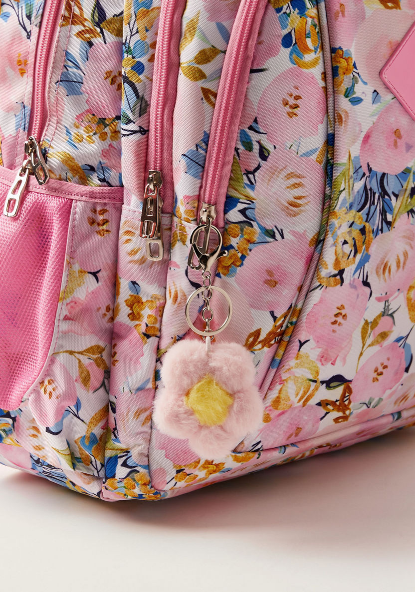 Juniors Floral Print Backpack with Zip Closure and Keychain - 16 inches-Backpacks-image-2