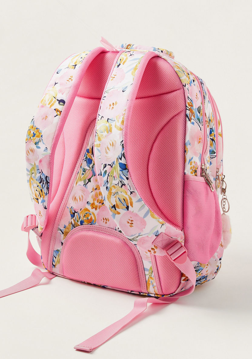 Juniors Floral Print Backpack with Zip Closure and Keychain - 16 inches-Backpacks-image-3