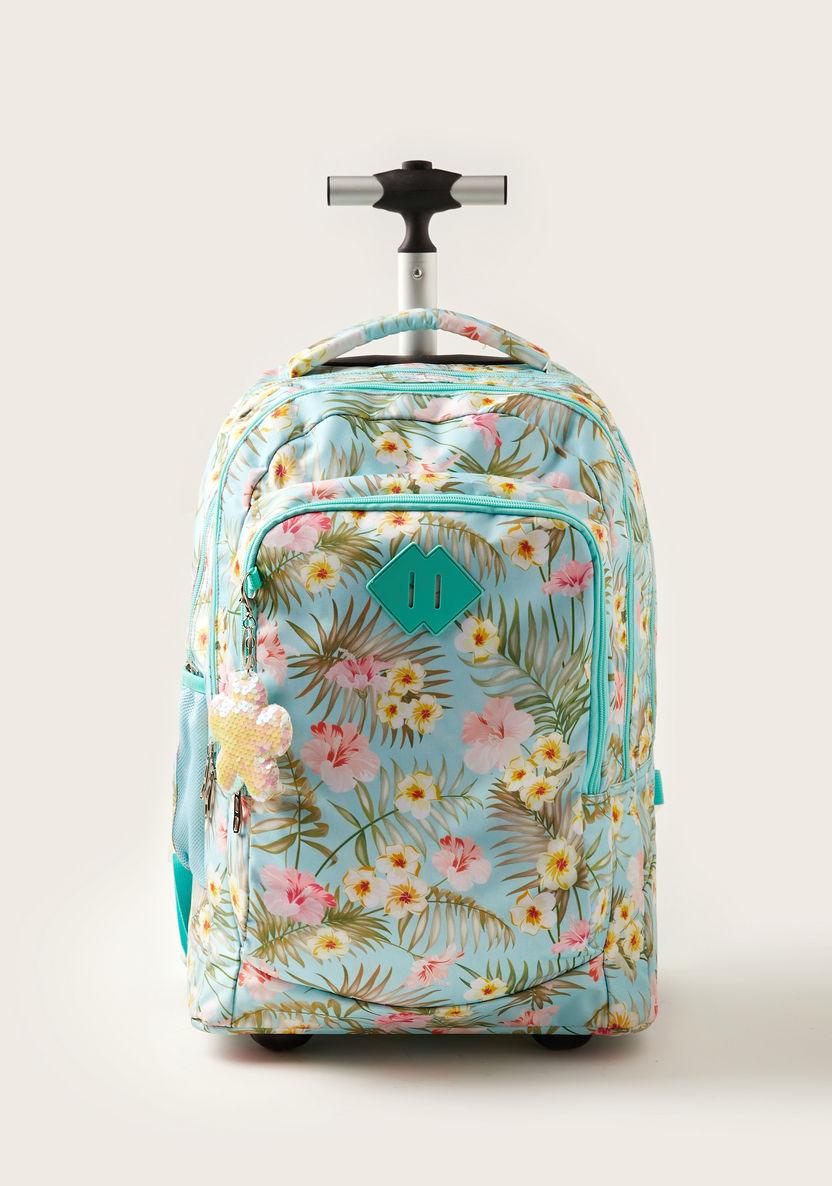 Juniors Floral Print Trolley Backpack with Keychain Charm - 18 inches-Trolleys-image-0