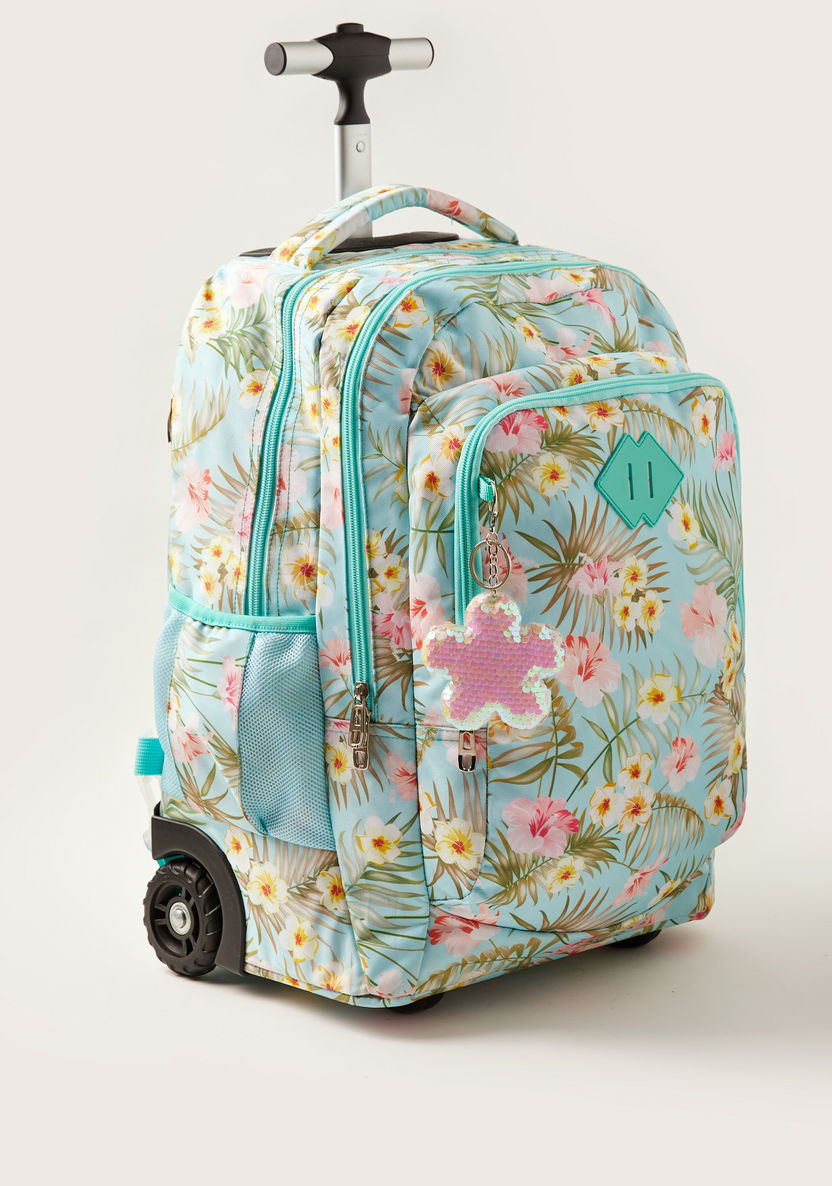 Juniors Floral Print Trolley Backpack with Keychain Charm - 18 inches-Trolleys-image-1