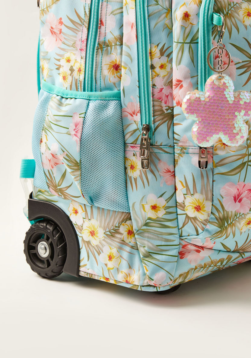 Juniors Floral Print Trolley Backpack with Keychain Charm - 18 inches-Trolleys-image-3