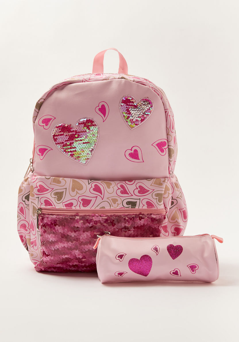 Juniors Heart Print Backpack with Pencil Case - 16 inches-Backpacks-image-0