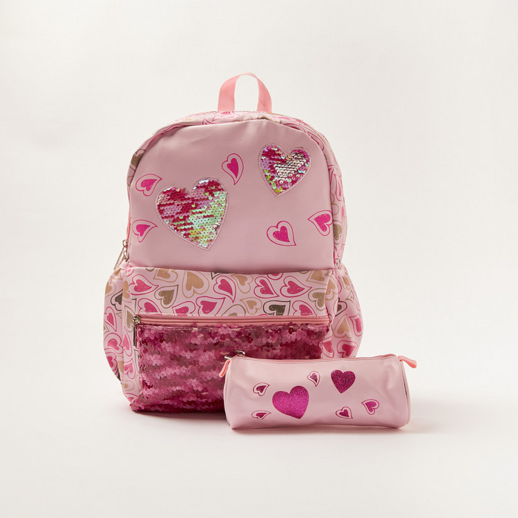 Juniors Heart Print Backpack with Pencil Case - 16 inches