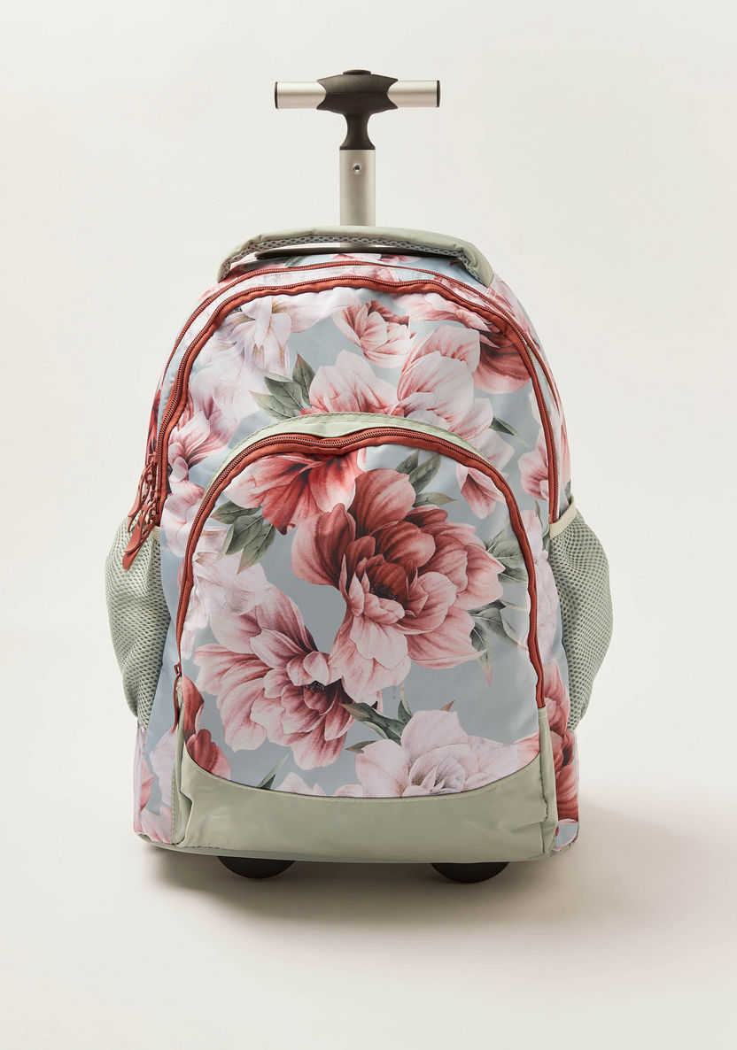 Juniors Floral Print Trolley Backpack with Retractable Handle - 18 inches-Trolleys-image-0