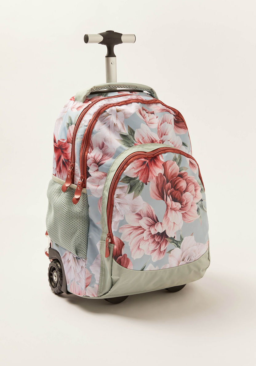 Juniors Floral Print Trolley Backpack with Retractable Handle - 18 inches-Trolleys-image-1