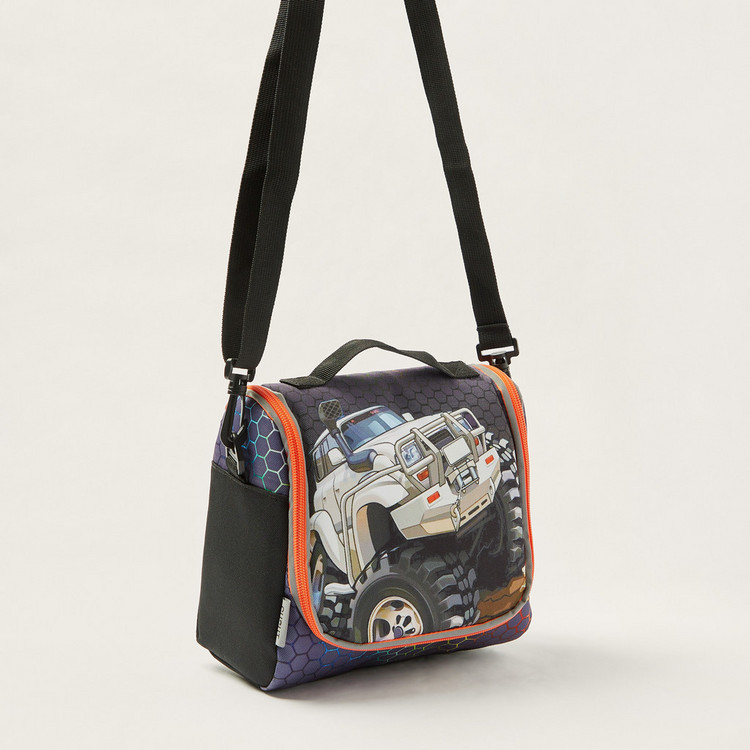 SHOUT Car Print Lunch Bag with Detachable Strap and Zip Closure