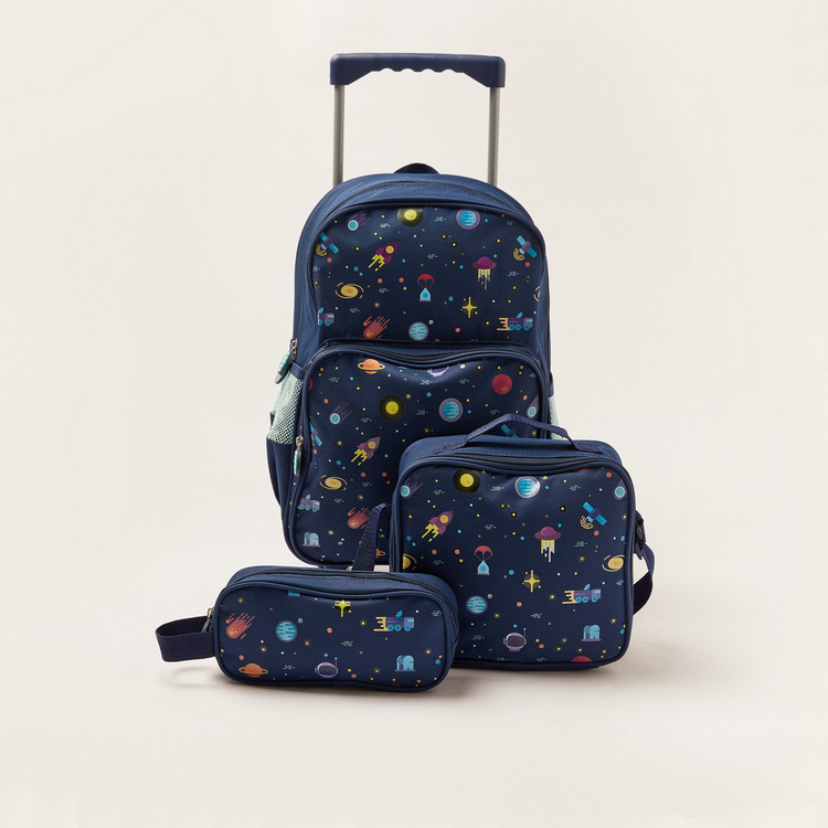 Maricart Space Print Trolley Backpack with Lunch Bag and Pencil Pouch
