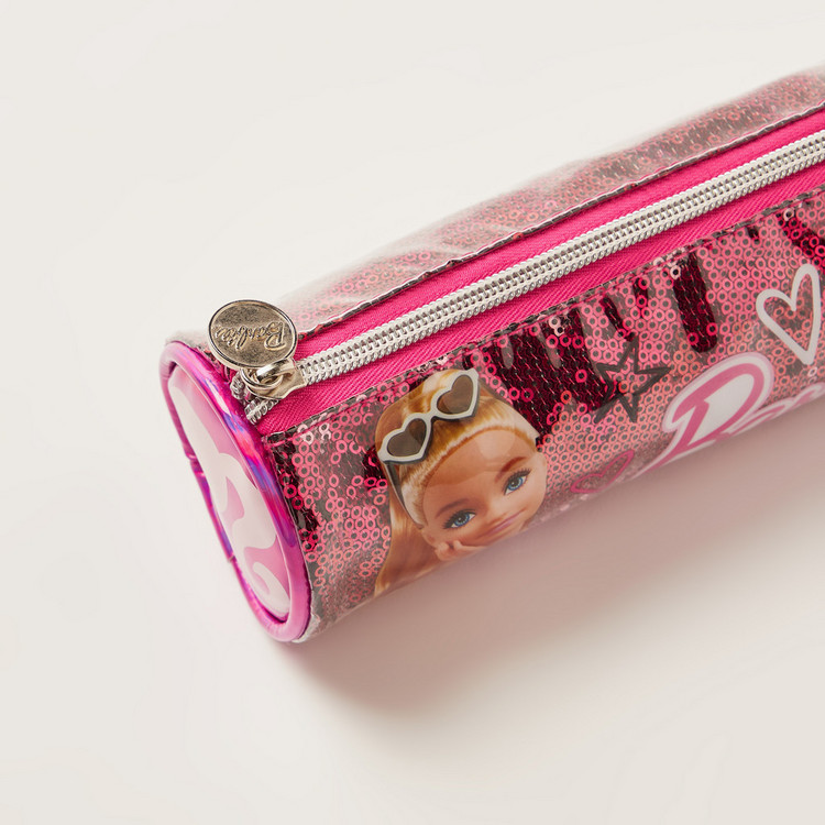 Barbie Printed Pencil Case with Zip Closure and Sequin Detail