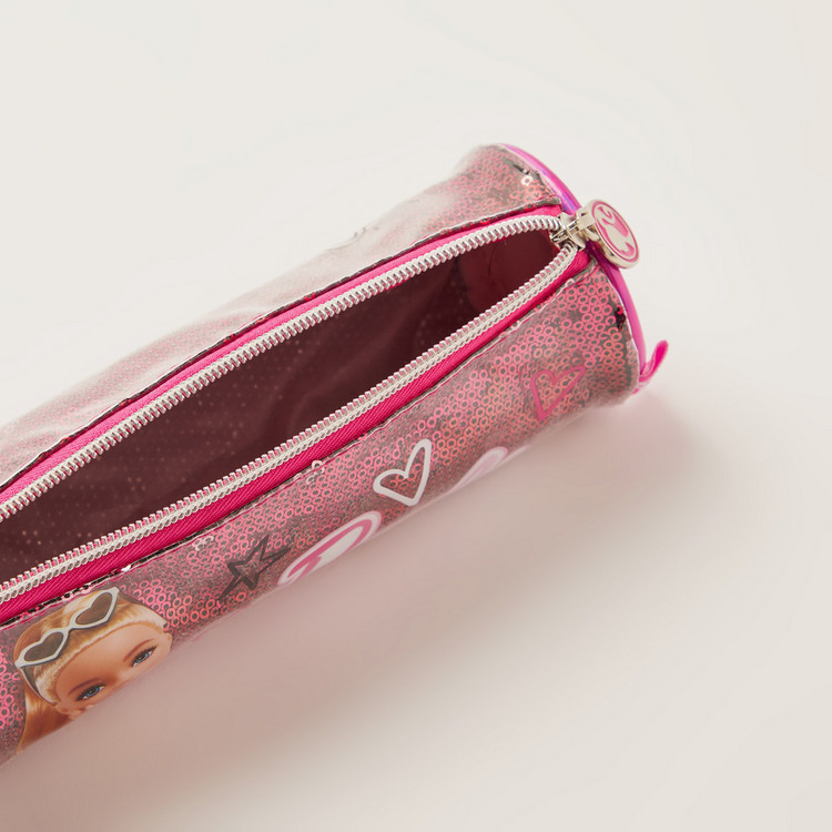 Barbie Printed Pencil Case with Zip Closure and Sequin Detail