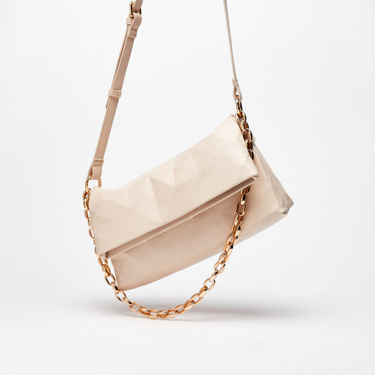 Haadana Geometric Texture Shoulder Bag with Chunky Chain Link Accent