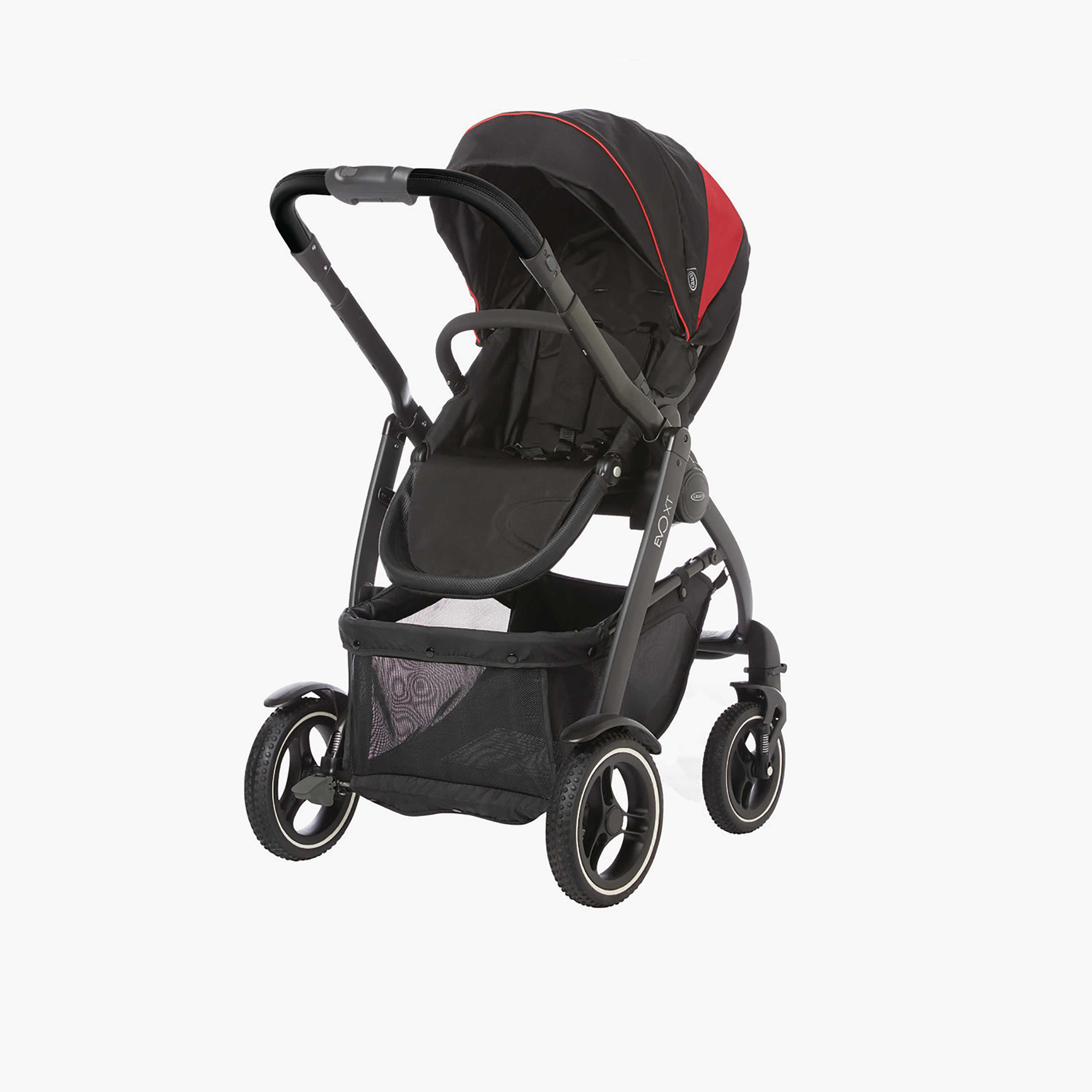 Graco red shop and black stroller