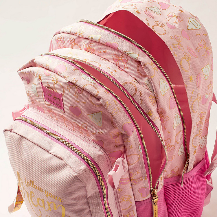 Juniors Printed 18-inch Backpack with Buckle Strap and Zip Closure