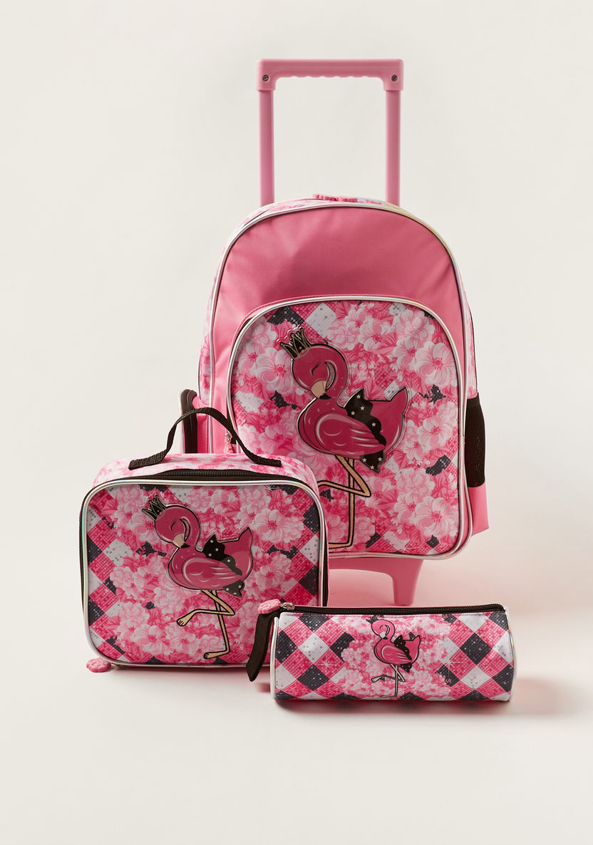 Juniors Flamingo Embossed Trolley Backpack with Lunch Bag and Pencil case-Trolleys-image-0