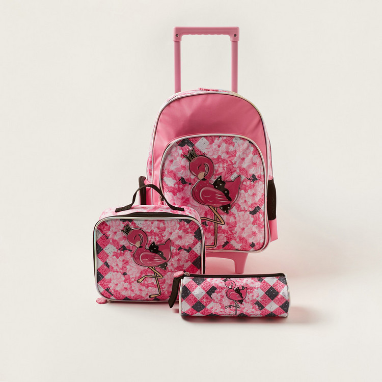 Juniors Flamingo Embossed Trolley Backpack with Lunch Bag and Pencil case