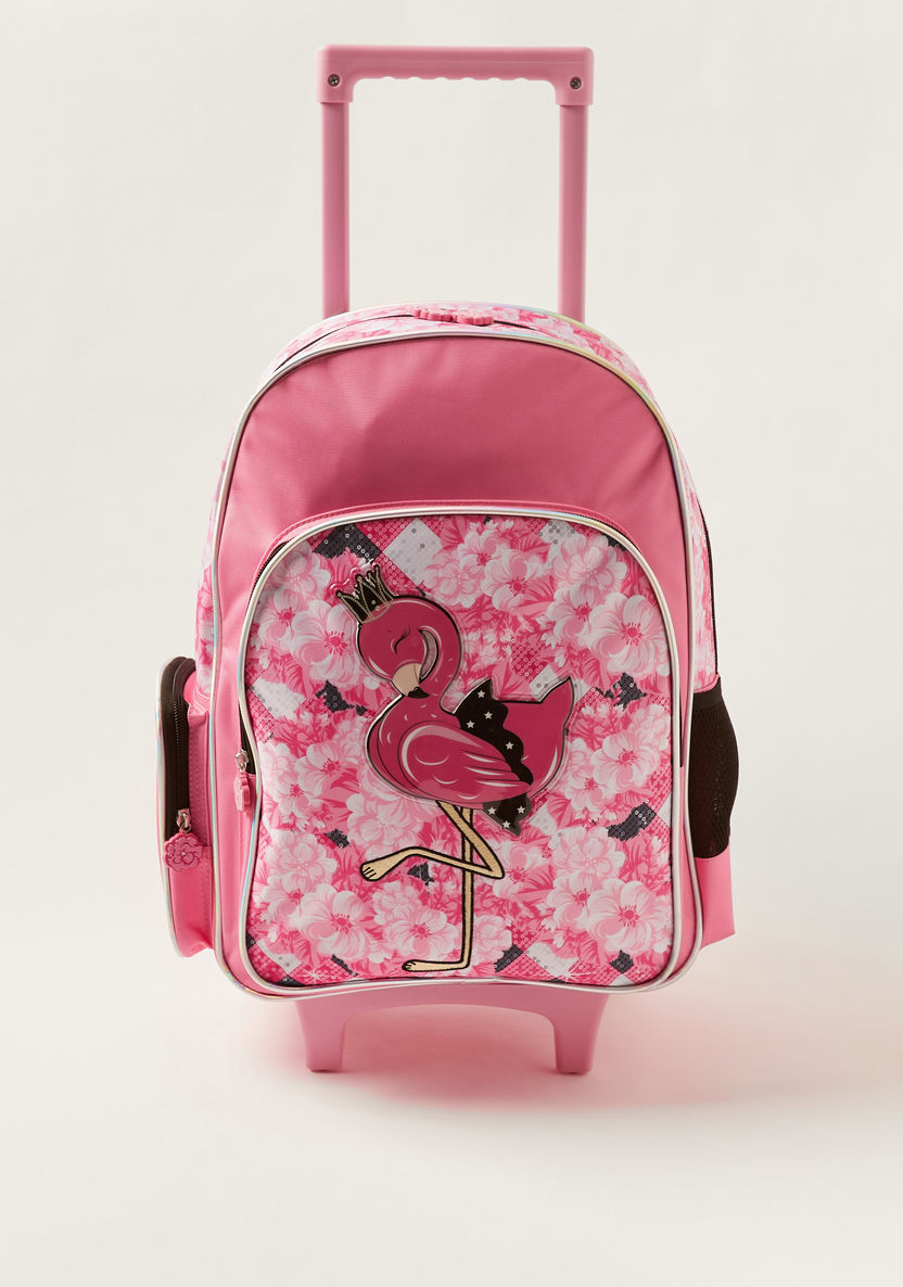 Juniors Flamingo Embossed Trolley Backpack with Lunch Bag and Pencil case-Trolleys-image-2