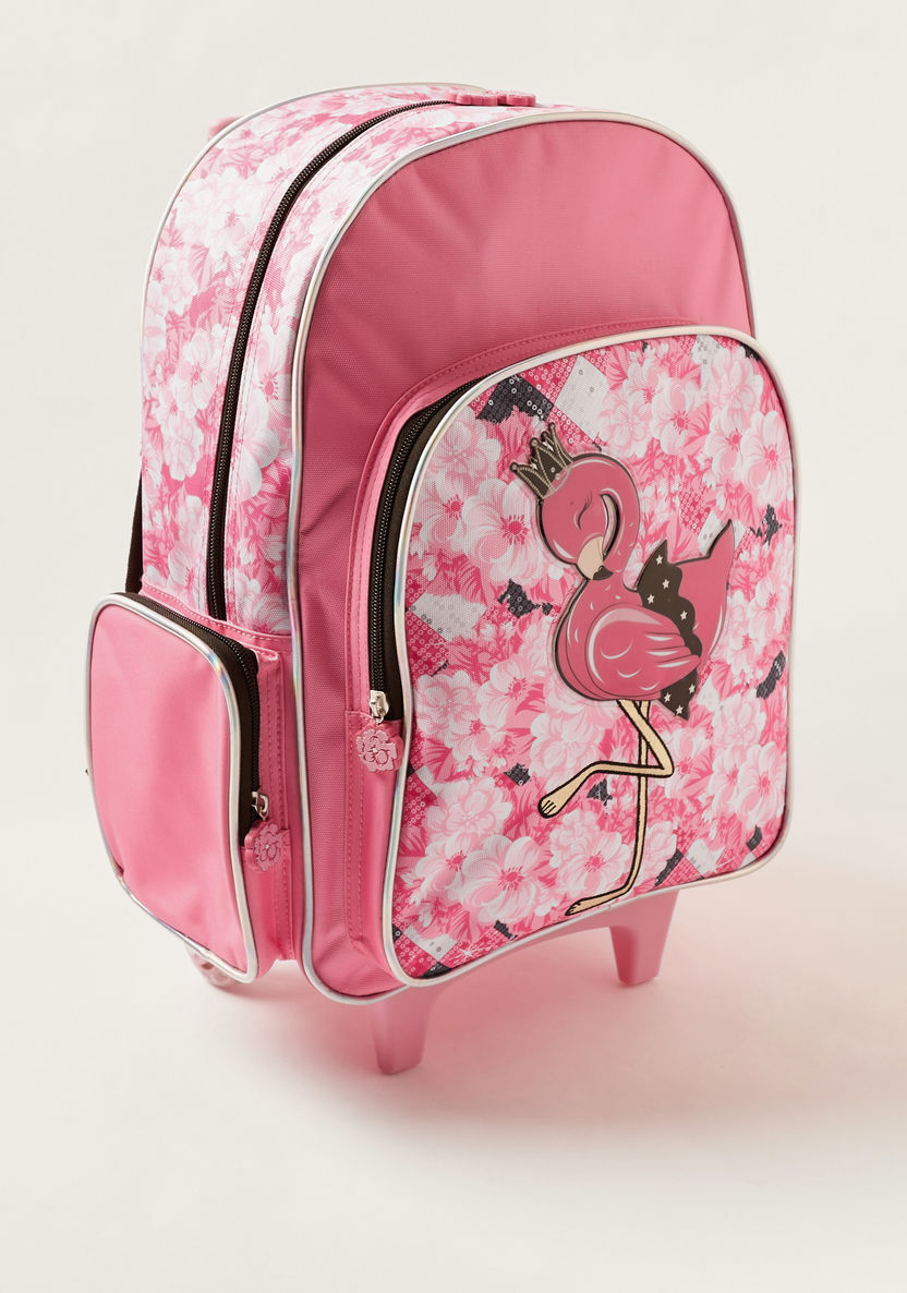 Juniors Flamingo Embossed Trolley Backpack with Lunch Bag and Pencil case-Trolleys-image-3