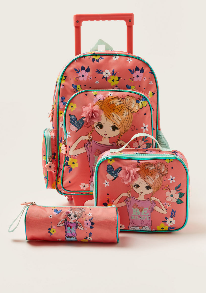 Juniors Printed Trolley Backpack with Lunch Bag and Pencil Pouch - 16 inches-School Sets-image-0