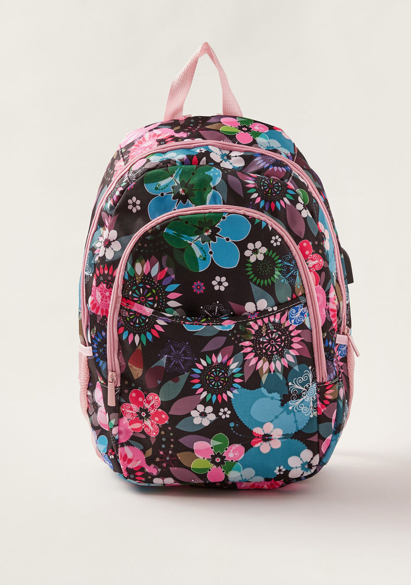 Juniors Floral Print Backpack with Laptop Sleeve and USB Port - 18 inches-Backpacks-image-0