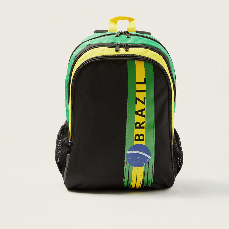 First Kid Brazil Print Backpack with Adjustable Straps and Zip Closure